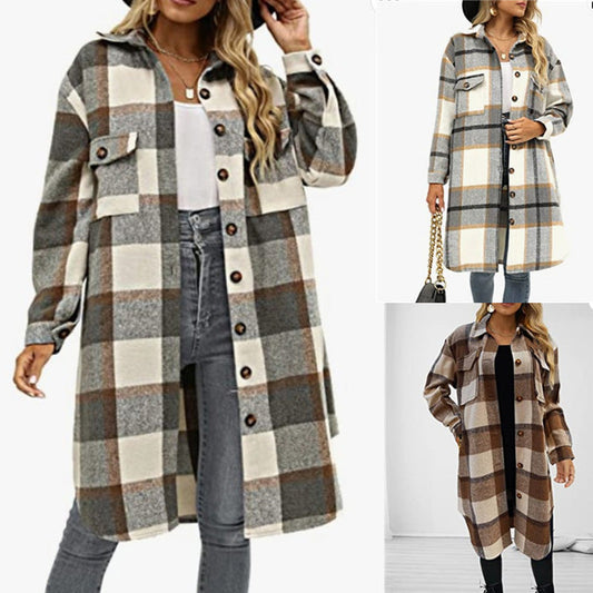 ⏰Last Day Sale 49%OFF💥Women's Casual Lapel Button Down Long Plaid Shirt Coat