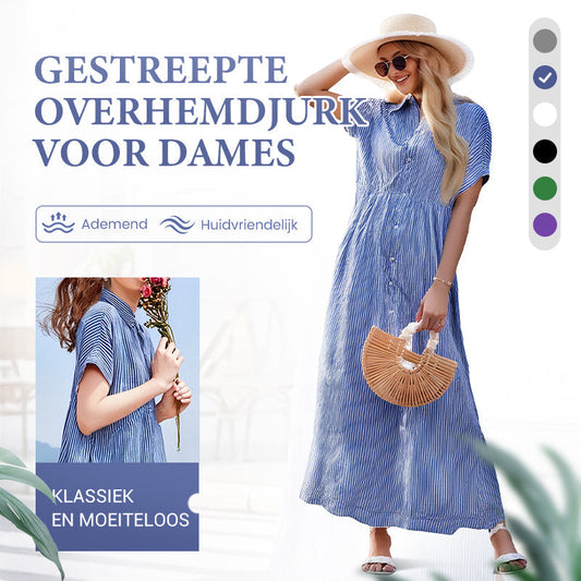 🛍️Nieuwe exclusieve zomerkleding👗Gestreepte revers-overhemdjurk met knopen | Met functionele zakken