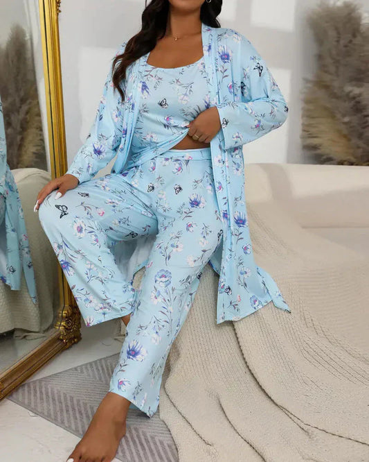 💖Comfortabele 3-delige pyjamaset – badjas, hemdje en lange broekComfortabele 3-delige pyjamaset – badjas, hemdje en lange broek