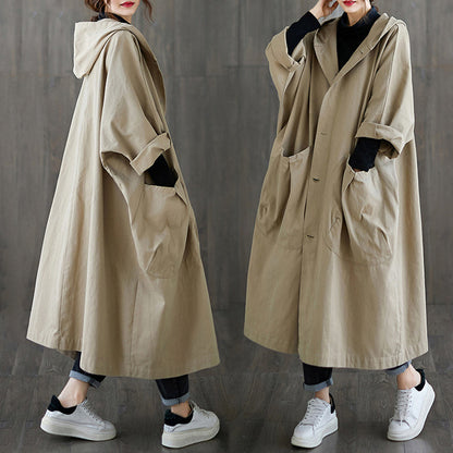 Oversized lange Trench Coat met capuchon en grote zakken