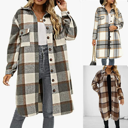 ⏰Last Day Sale 49%OFF💥Women's Casual Lapel Button Down Long Plaid Shirt Coat