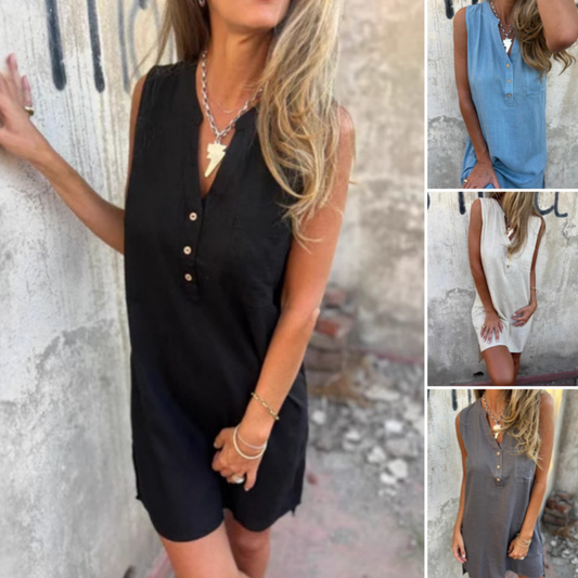 🔥Uitverkoop 50% Korting💖Damesjurk zonder mouwen met knoopsluiting en V-hals