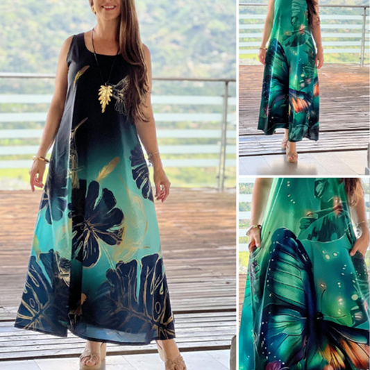 💥Uitverkoop 50% korting🌸Vrijvallende maxi-jurk zonder mouwen met print voor dames