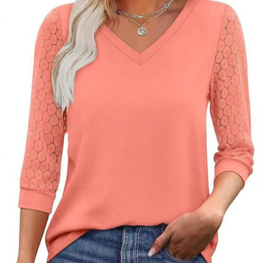 🏖️Zomeruitverkoop: 60% korting🏝️Casual damestop met V-hals, kant en 3/4 mouwen💫