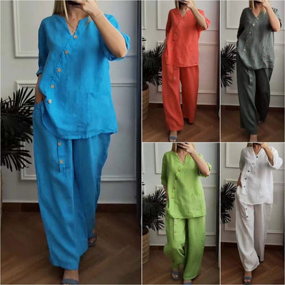 Casual loszittende 2-delige set voor dames met chique knoopversiering