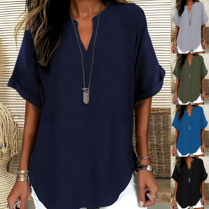 👚49% KORTING! 🔥Modieuze losse top met korte mouwen – V-hals met inkeping, asymmetrische zoom en lichtgewicht stof (6 kleuren, 🌟2 stuks kortingL) 🌸