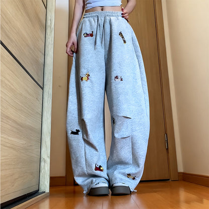 🎁Uitverkoop 50% Korting🔥Geborduurde puppy baggy barrel sweatpants met trekkoord