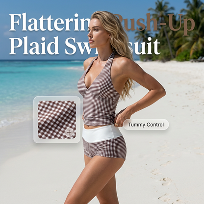 Dames zwemkleding set met ruitjespatroon, bestaande uit een top met V-hals en een short.