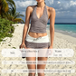Dames zwemkleding set met ruitjespatroon, bestaande uit een top met V-hals en een short.