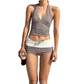 Dames zwemkleding set met ruitjespatroon, bestaande uit een top met V-hals en een short.